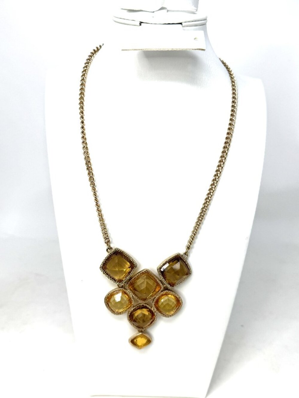 Amber Gold Tone Statement Necklace Faceted Acrylic Stones Costume Jewelry